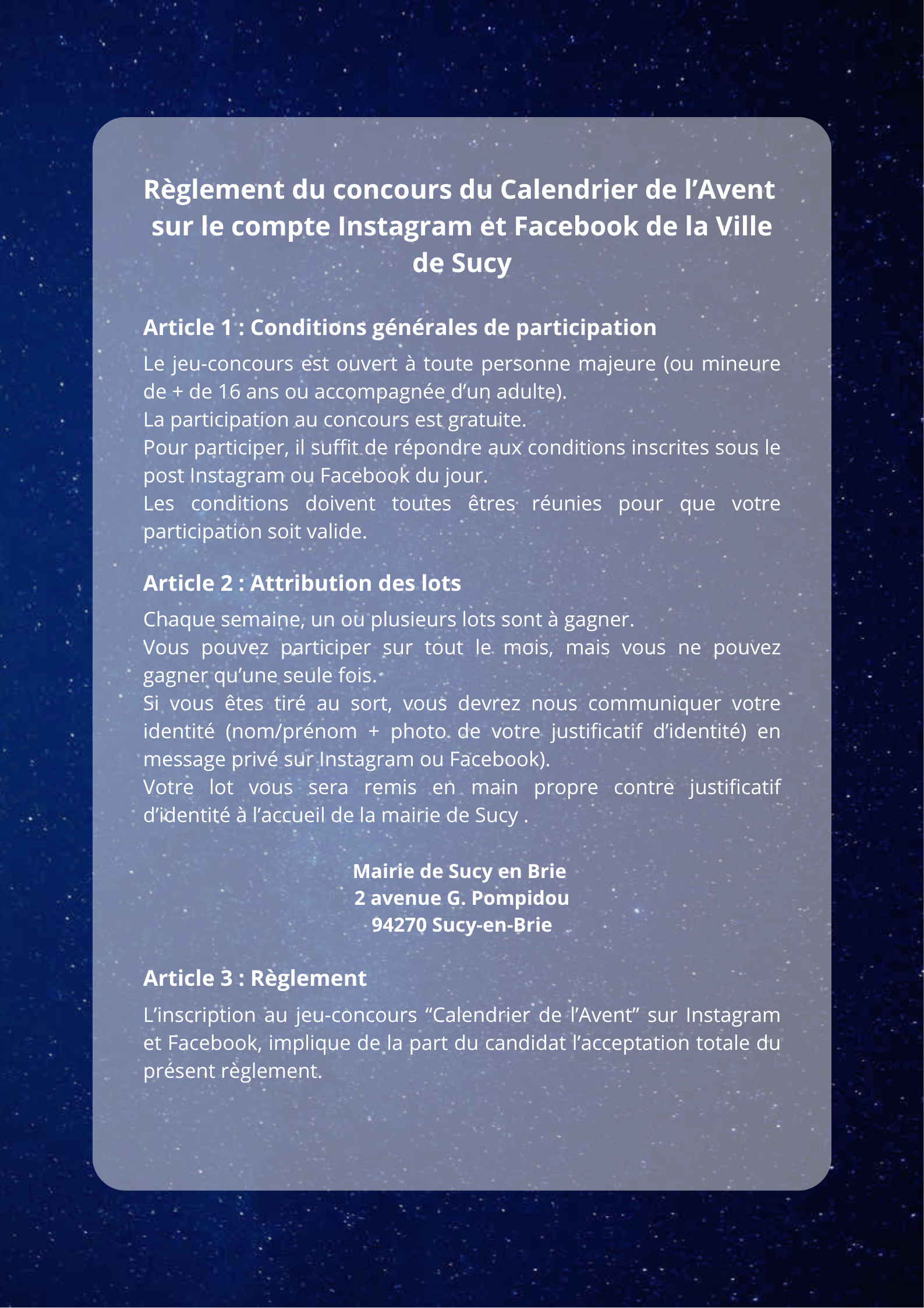 Règlement du calendrier de l'Avent 2025